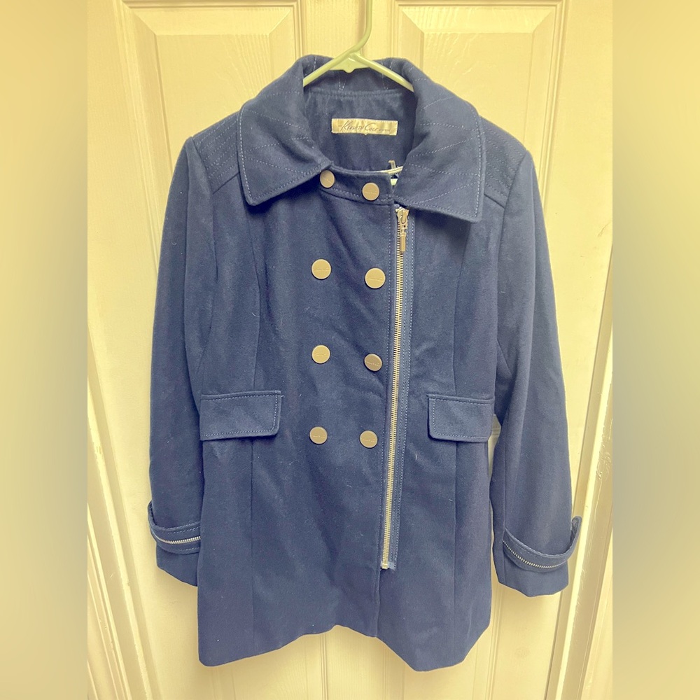 Kenneth Cole Wool Double Breasted Pea Trench Coat Navy Blue Size 8